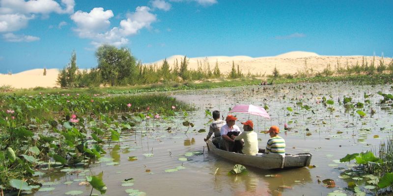 Chèo thuyền tại Bàu Trắng vào mùa sen là một trải nghiệm có một không hai. (Nguồn: sưu tầm)