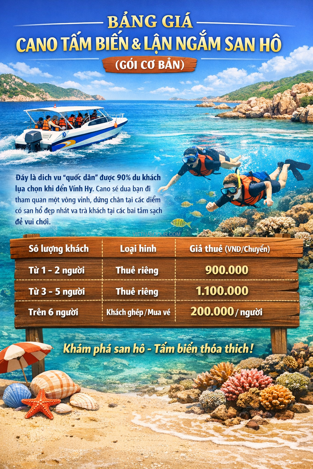 bảng giá thuê cano tắm biển & Lặn ngắm san hô (Gói cơ bản) bảng giá thuê cano tắm biển & Lặn ngắm san hô (Gói cơ bản)