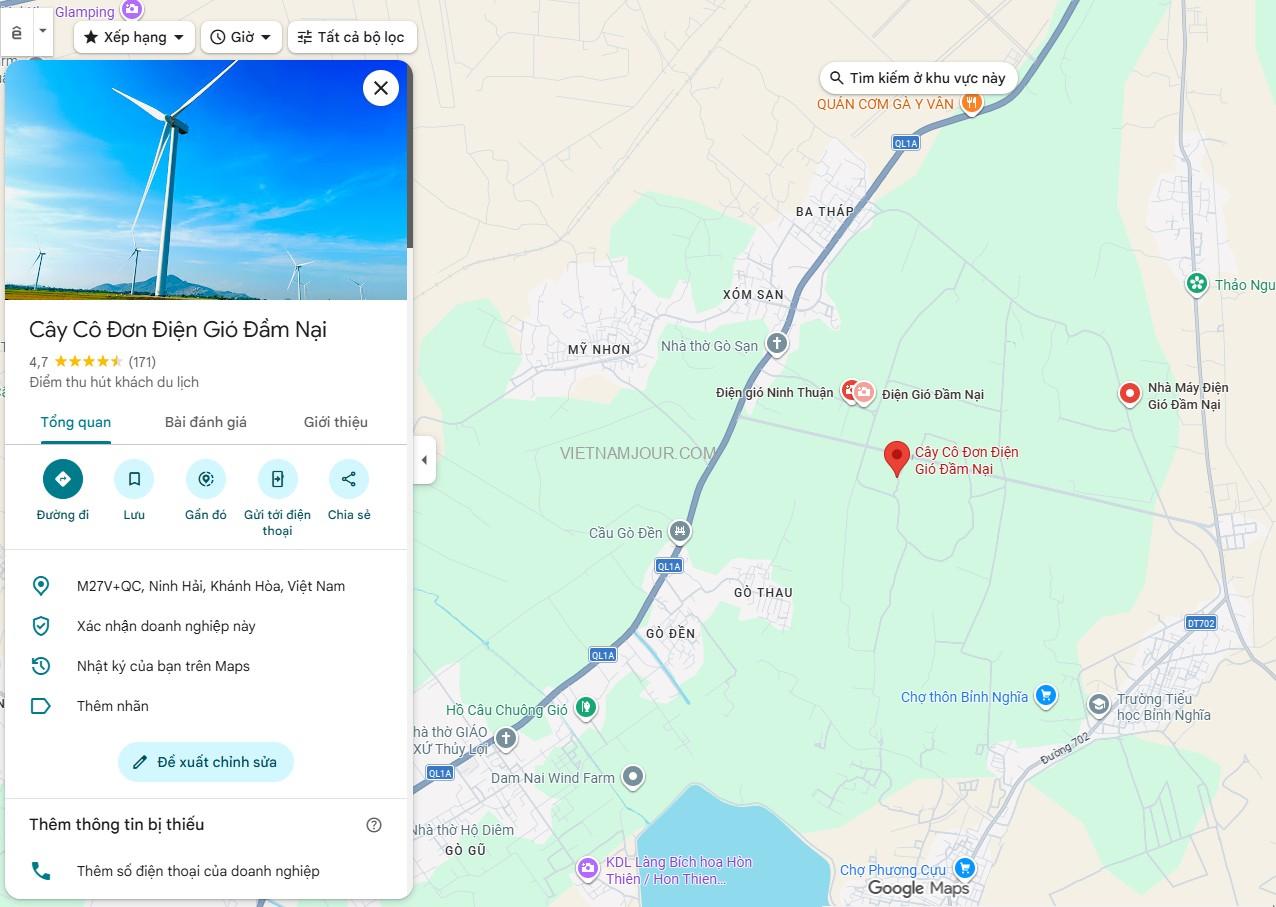 vị trí cánh đồng điện gió Đầm Nại trên Google Maps